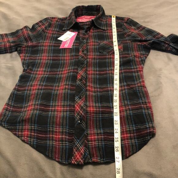 Rustic Outfitter Plaid Flannel Fitted Blouse Juniors Size Large 3/4 Sleeves - Picture 7 of 8